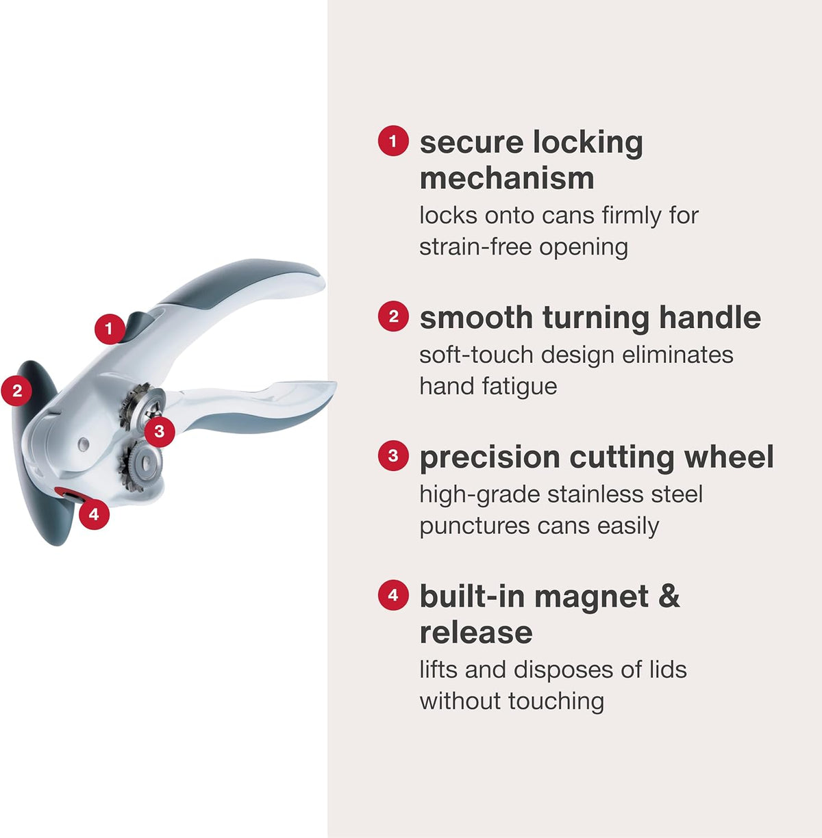 Zyliss Lock N' Lift Can Opener with Lid Lifter Magnet - Manual Opener with Locking Mechanism - Easy-to-Turn - Magnetic Can Opener - White/Gray