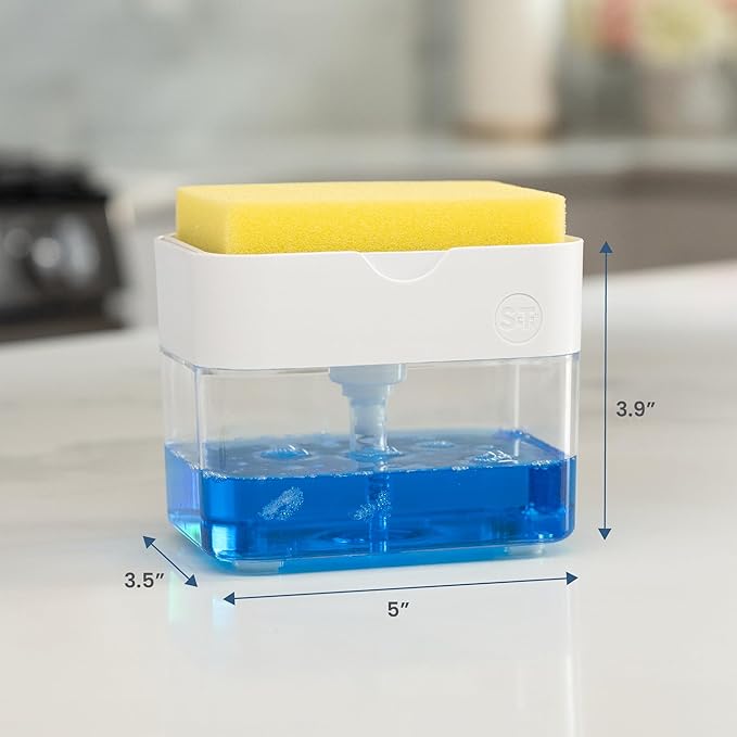 S&T INC. Dish Soap Dispenser and Sponge Holder for Kitchen Sink with Enhanced Features, Sponge Included, 13 Ounces, Matte White