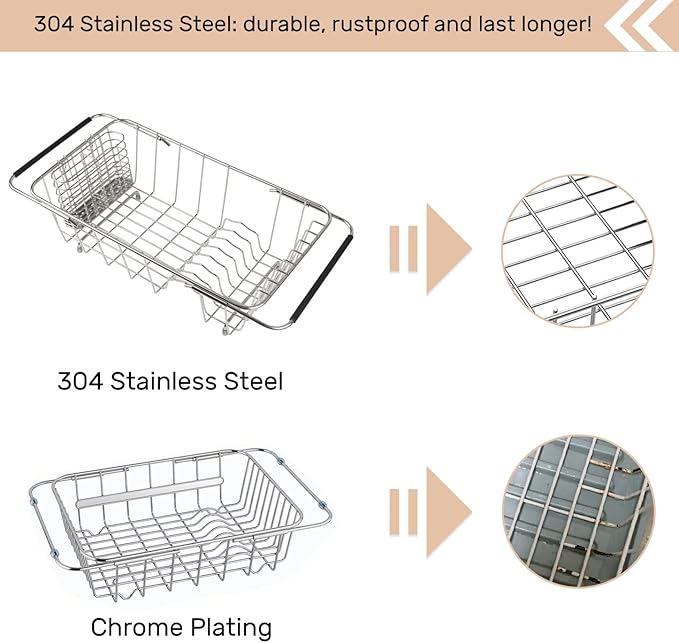 Sink Dish Drainer Rack, Expandable 304 Stainless Steel Dish Drying Rack Organizer with Stainless Steel Utensil Rack, Adjustable 14.96" to 20.59" Inside The Sink (up to 7 Upright Utensils).