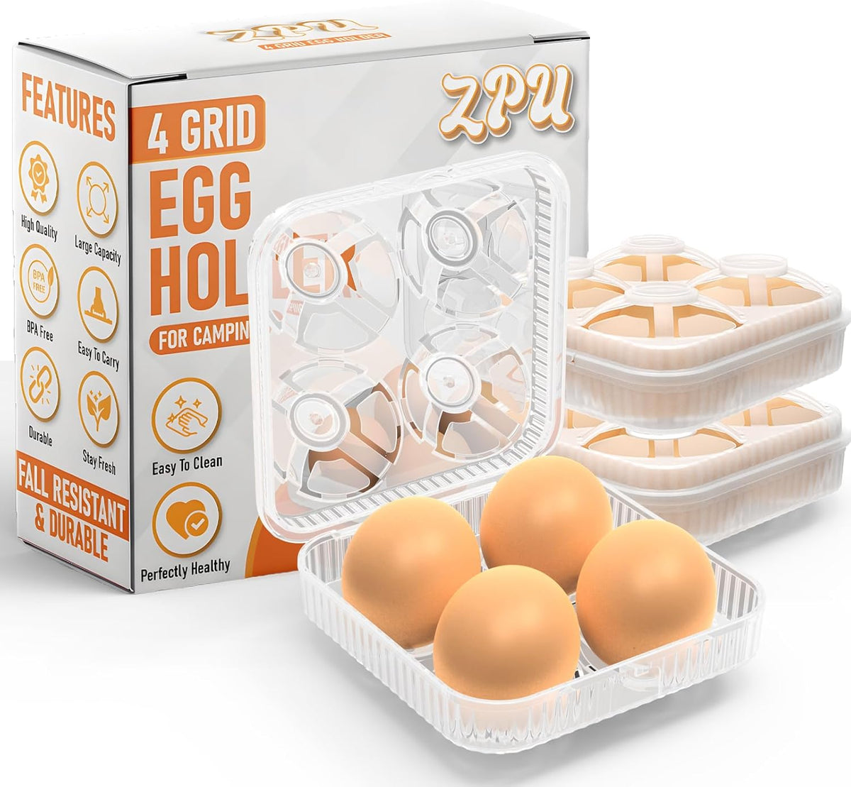 ZPU Egg Holder Camping, 1Pcs 4 Grid Egg Container, Plastic Egg Carrier for Camping Picnic Travel Outdoor Refrigerator Kitchen, Clear White