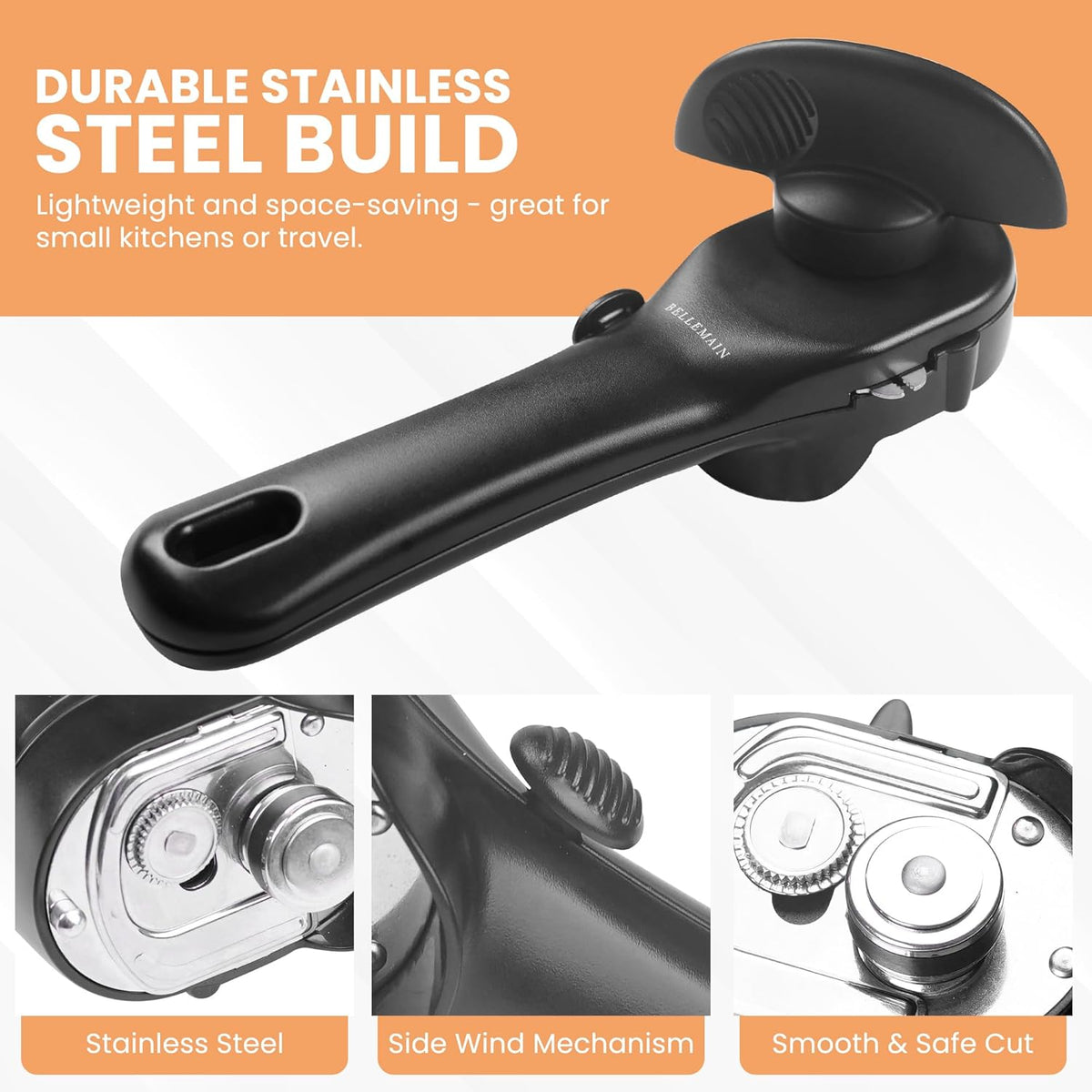 Bellemain Stainless Steel Can Opener – Manual Can Opener For seniors - Ergonomic Smooth edge Can Opener Hand Held Heavy Duty – Easy to use can opener safe cut