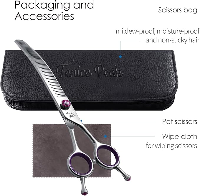 Fenice Peak 7.5" Professional Dog Grooming Scissors 55% Thinning, 30-Degree Curved Blender, Japanese 440C Gromming Shear for Trimming Dogs Cats and Other Pets face and paws