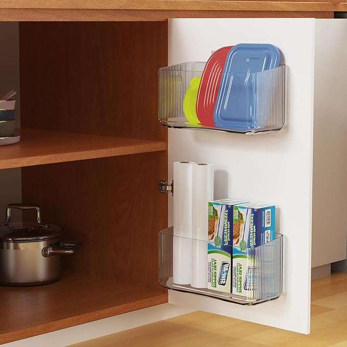 MaraFansie 4 Pack Over Cabinet Organizer Storage Lid Organizer Caddy Space Saver No Drilling Adhesive Hook Over Door Organizer, Transparent