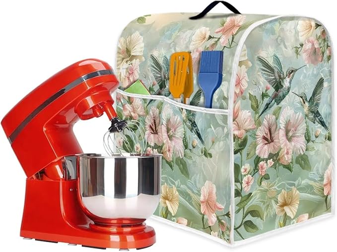 Floral Hummingbird Foldable Portable Mixer Cover | Dust Protector with Handle & Pocket | 4.5-5 Quart Kitchen Appliance Protector for Home Decor