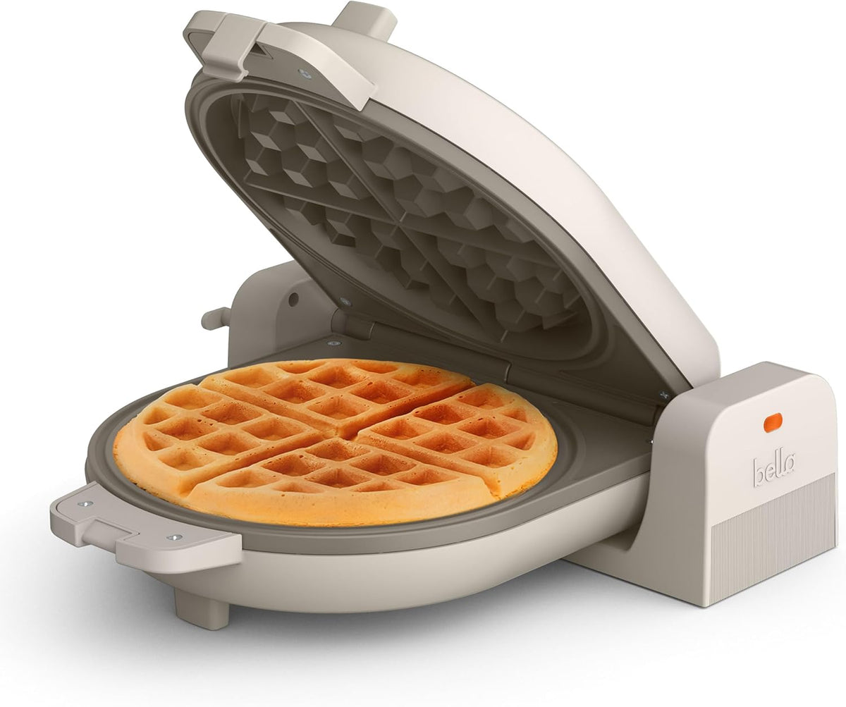 bella Flip-n-Store Waffle Maker with EverGood™ Ceramic Nonstick Coating, Fits-anywhere™ Kitchenware, Power Indicator Light, Cool Touch Handle & Cord Wrap, 7” Wide & 1" Deep Plates, 1000 Watt, Oatmilk