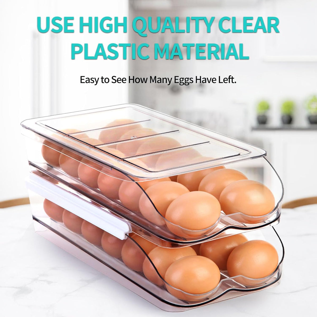 Egg Holder for Fridge, Automatic Rolling Egg Container for Refrigerator, Stackable Fridge Organizers and Storage with Lid, Clear Plastic Egg Dispenser & Tray (2 Tier)