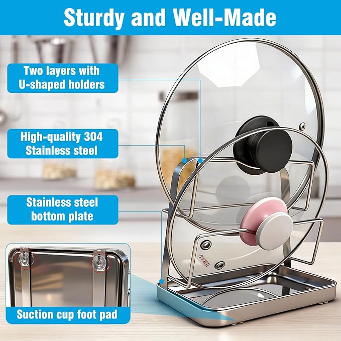 304 Stainless Steel Pot Lid Organizer & Spoon Rest, Pot Lid Holder Storage Rack for Kitchen Countertop, Multifunctional Stove Top Pot Cover Stand While Cooking