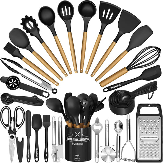 Umite Chef 34‑Piece Silicone Cooking Utensils Set with Holder – Heat‑Resistant Non‑Stick