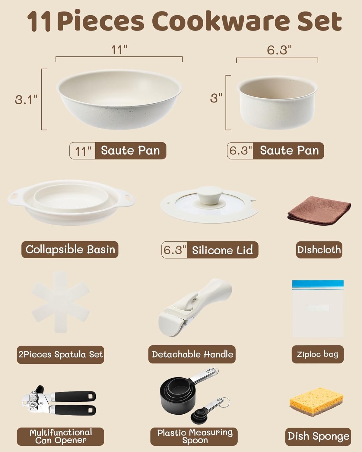 11Pcs Non Stick Pots and Pans Set | Ceramic Cookware Set with Detachable Handle | PFAS-Free, Oven & Induction Safe (White)