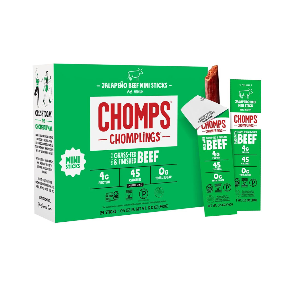 Chomps Snack Size Grass-Fed Original Beef Jerky Snack Sticks 0.5oz 24-Pack - Keto, Paleo, Whole30, 4g Lean Meat Protein, Gluten-Free, Zero Sugar Food, Non-GMO Chomplings