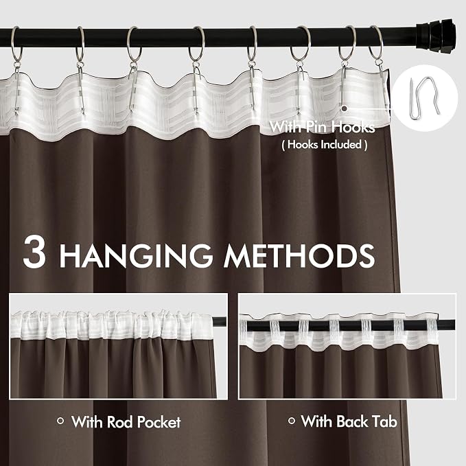 MIULEE Chocolate Brown Back Tab Blackout Curtain 96 Inch Long 2 Panels Set