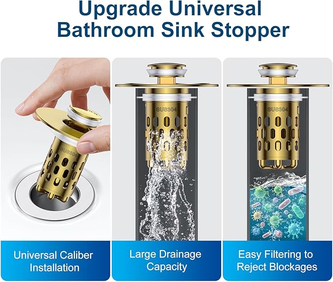 Bathroom Sink Drain Strainer,All Metal Pop-Up Sink Stopper with Removable Stainless Steel Filter Basket, Universal Bathroom Hair Catcher Fit for 1.1-2.36'' Drain (Gold, 1 Pack)
