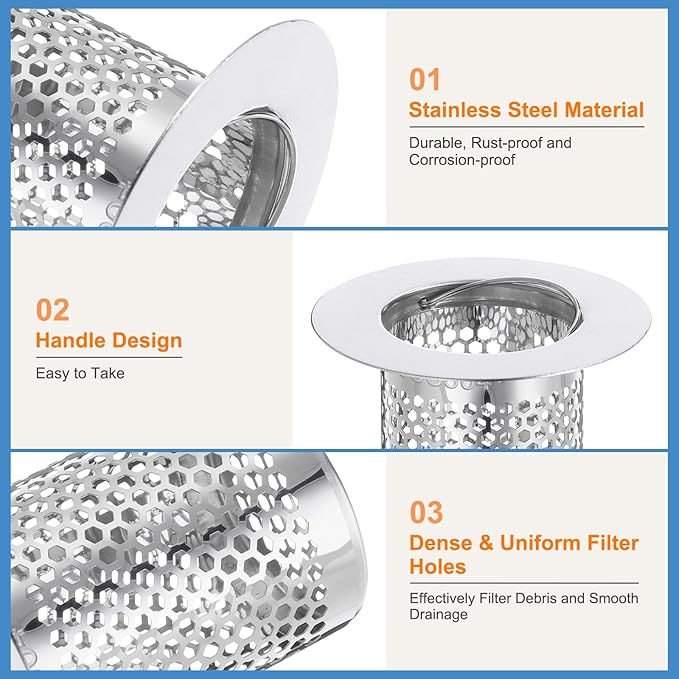 uxcell 3 Pack Shower Drain Strainer, 2" x 2" Stainless Steel Floor Drain Strainer Deep Sink Hair Catcher for Kitchen Bathroom Balcony Floor Drain, Fit Hole Size from 1.18" to 1.97"