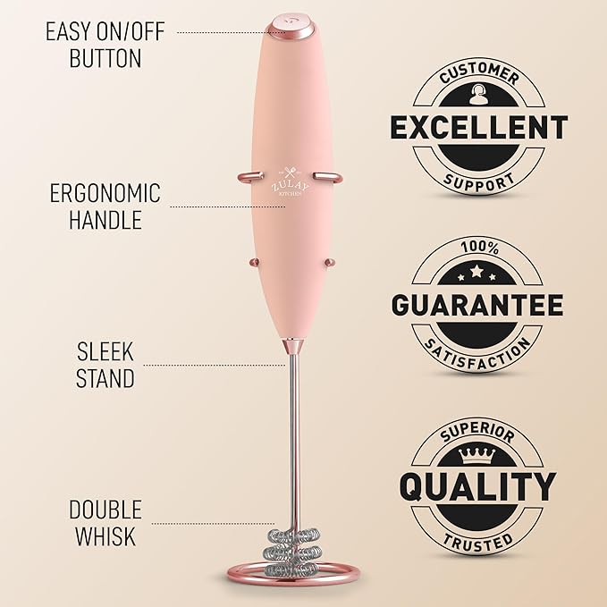 Zulay Kitchen Powerful Milk Frother Wand With Duracell Batteries - Ultra Fast Handheld Drink Mixer - Electric Whisk Foam Maker for Coffee, Lattes, Cappuccino & Matcha - Triple Whisk - Peach Radiance