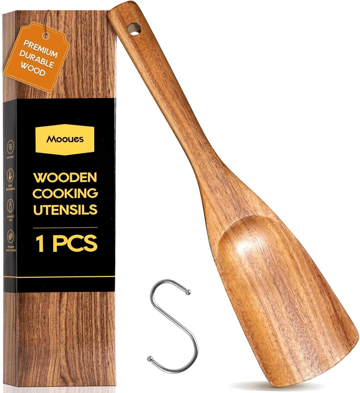 9‑Piece Natural Teak Wooden Kitchen Utensil Set with Spoon Rest and Holder