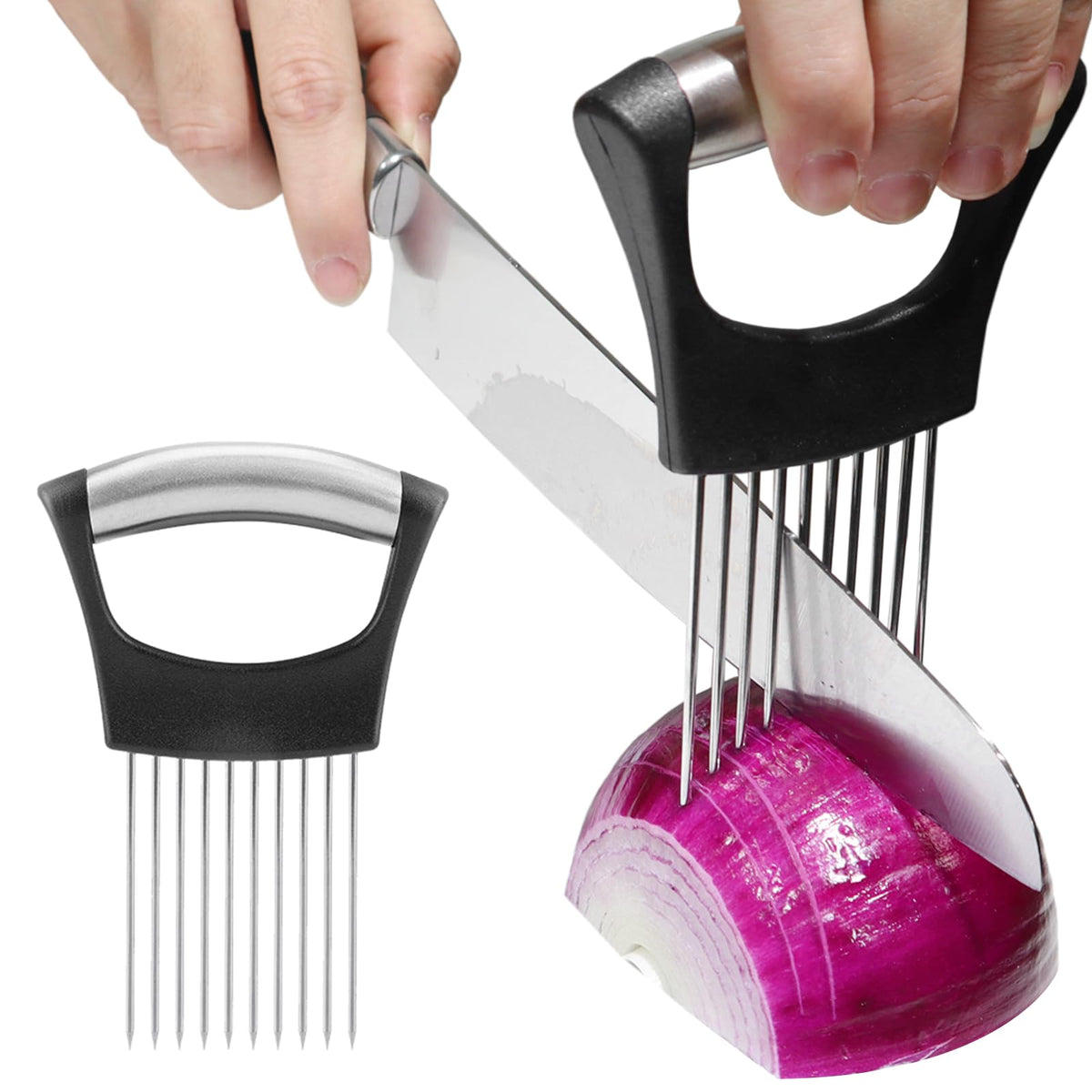 JAYVAR Onion Holder for Slicing, Onion Cutter Vegetable Chopper, Stainless Steel Tomato Slicer Vegetable Cutter for Potato, Avocados, Eggs, Food Slicer Assistant Tool for Fruit Lemon and Meat