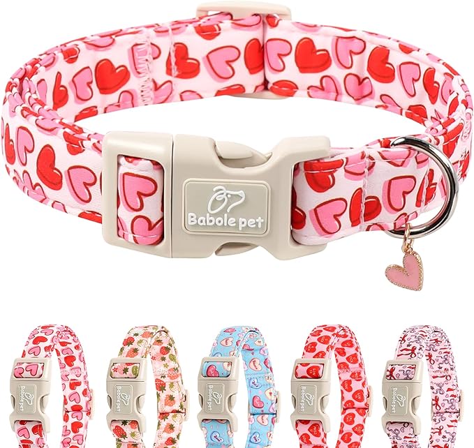 Valentines Dog Collar for Medium Dogs - Pink Valentine Hearts Dog Collars, Girly Love Female Dogs Collars, Lightweight Adjustable Cute Puppy Collar with Quick-Release Buckle M
