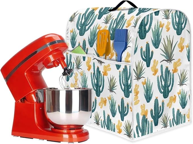 Green Cactus Pattern Mixer Dust Cover Universal Fit 6-8 Qt, Anti-Fingerprint & Easy Clean Cover with Handle & Accessory Pocket, Modern Kitchen Counter Decor Housewarming Gifts