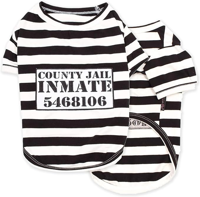Parisian Pet Prisoner Dog Shirt - Black and White Striped Cotton Costume - Lightweight Polyester Sleeved Outfit for Large Dogs - Pet Clothes - 5XL