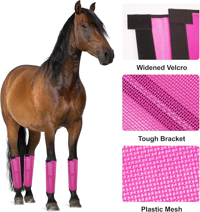 FOXLVDA Horse Fly Boots - Fly Boots for Horses Set of 4, Comfortable Horse Leggings, Mesh Material Design with Metal Support Bars for Reduces Stomping & Leg Fatigue (Pink, Large)