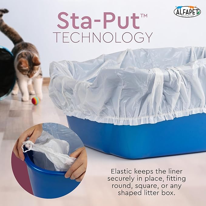 Alfapet Elastic Cat Litter Box Liners - Large 12 Count - Tear-Resistant Cat Litter Bags - Waterproof Kitty Litter Liners - Fits Litterbox Pan Sizes Medium and Large, 31" x 17", 20 lb Capacity