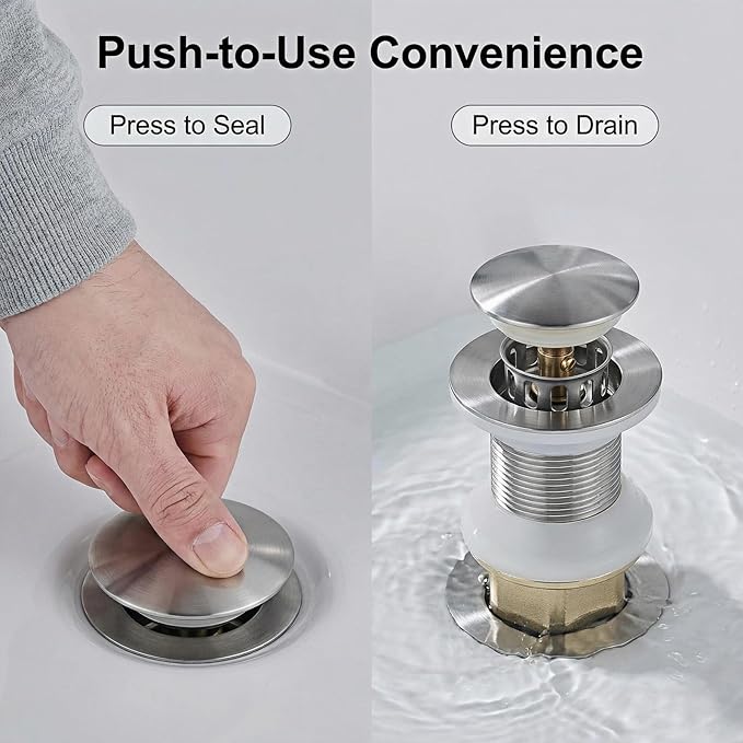 Bathroom Sink Drain, Drain Stopper Bathroom Sink Without Overflow, Assembly with Detachable Strainer Basket, Built in Anti Clogging Pop Up Drain Strainer, Stainless Steel Brushed Nickel 1Pcs