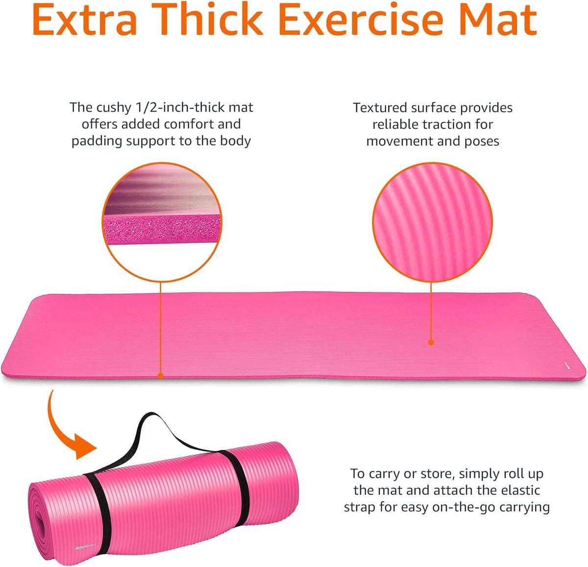 1/2 Inch Extra Thick Exercise Yoga Mat with Carrying Strap, Cushioned Support, for Fitness and Gym Workouts