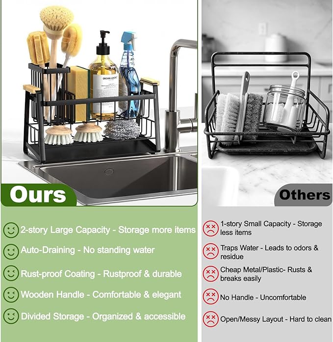 Housolution Sink Caddy Organizer, 2-Tier Sponge Holder for Kitchen Sink with Flexible High Brush Holder, Kitchen Countertop Storage Accessories, Soap Dispenser Organizer, Rustproof