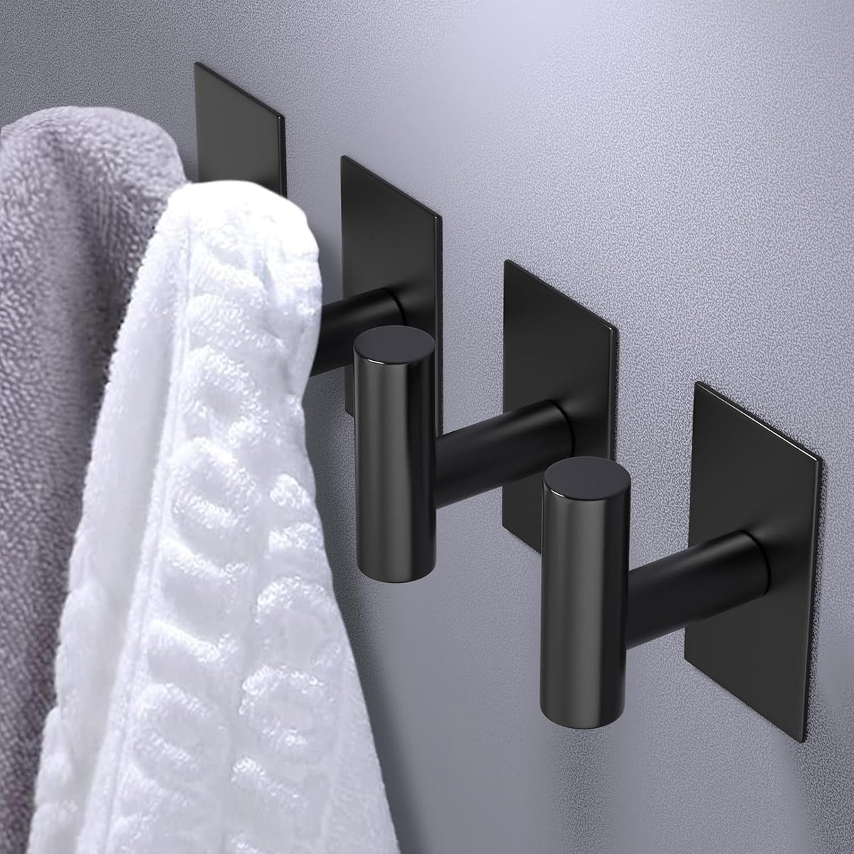 VAEHOLD Wall Towel Hooks, Heavy Duty Sticky Holder Waterproof Towel Hooks for Hanging Coat, Clothes, Closet Hook Wall Mount for Kitchen (Black, 2 Pack)