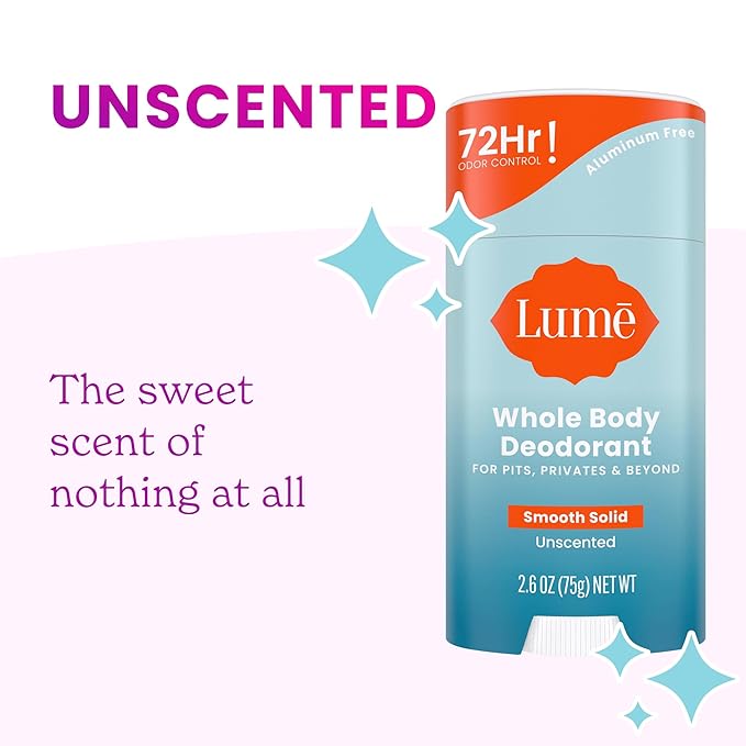 Lume Whole Body Deodorant - Smooth Solid Stick - 72 Hour Odor Control - Aluminum Free, Baking Soda Free and Skin Safe - 2.6 Ounce (Pack of 2) (Unscented)