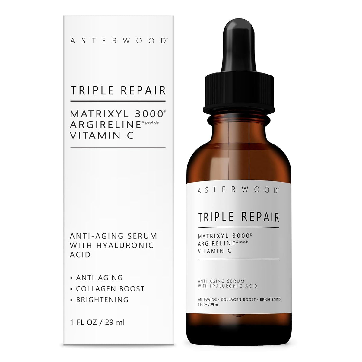 Asterwood Triple Repair Matrixyl 3000 + Argireline + Hyaluronic Acid + Vitamin C Serum for Face - Anti-Aging, Collagen Boosting, Hydrating - Fragrance-Free - 1 Fl Oz