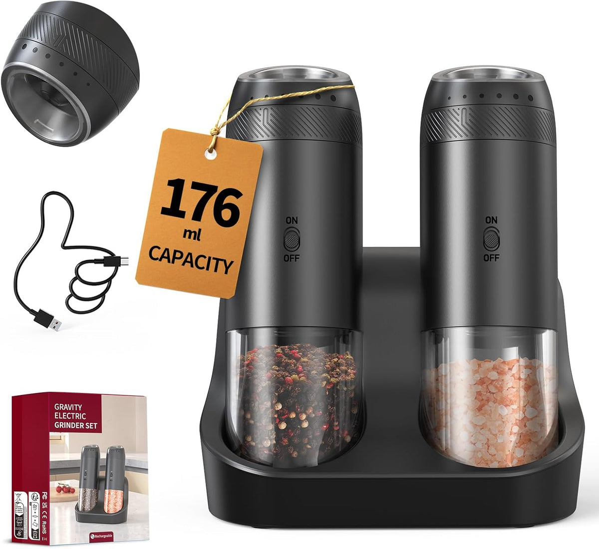 CIRCLE JOY Gravity Electric Salt and Pepper Grinder Set – Automatic LED Light Salt & Pepper Mills