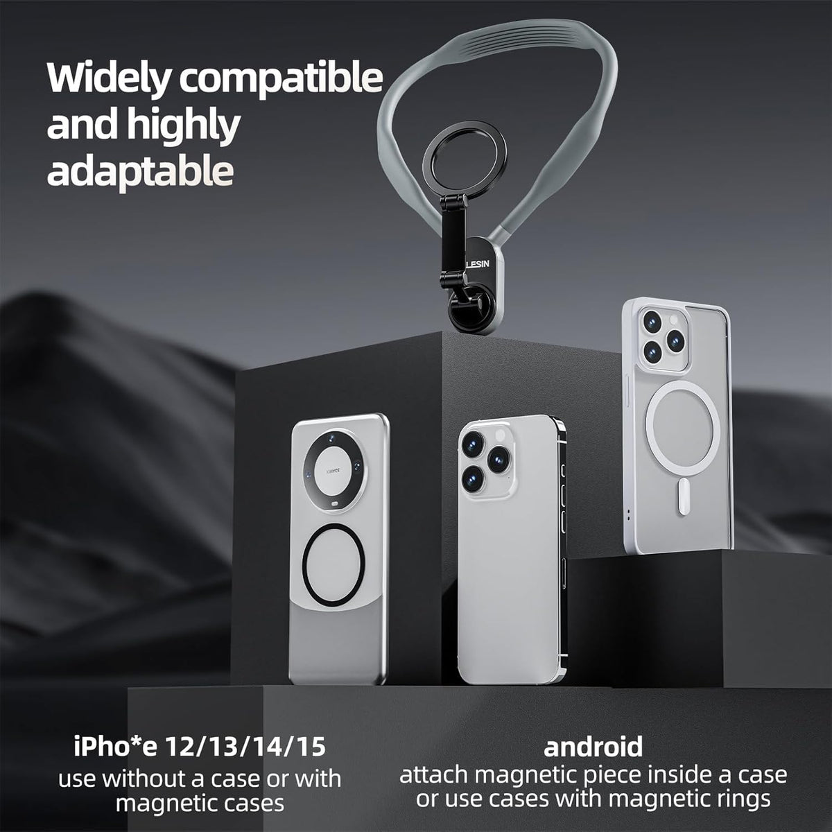 TELESIN Magnetic Neck Mount for Phones, Neck Cell Phone Holder POV/Vlog Selfie Mount Hand Free Phone Neck Holder Chest Stand Strap Video Recording for iPhone 17 16 15 14 13 12 Seires Android Phones