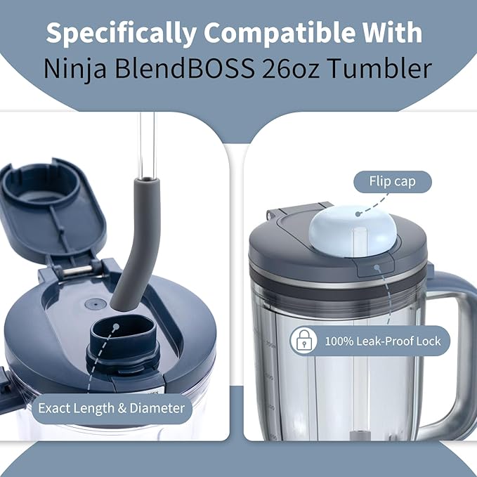 Replacement Glass Straw Compatible with Ninja BlendBOSS Smoothie Blender Travel Tumbler, Reusable & Durable Clear Straw with Cleaning Brush Fit for Ninja BlendBOSS 26oz Cup (1 Pack)