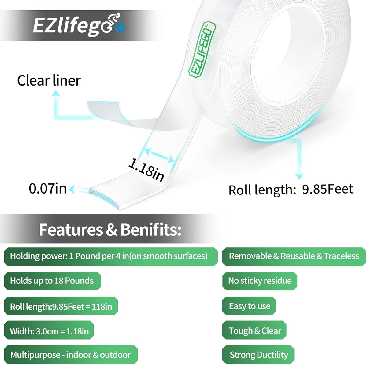 EZlifego Double Sided Tape Heavy Duty, Nano Double Sided Adhesive Tape, Clear Mounting Tape Picture Hanging Adhesive Strips (9.85FT)