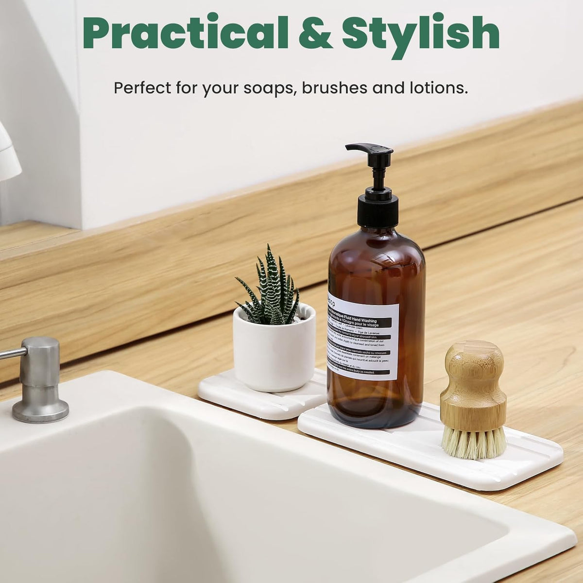 3PCS Water Absorbing Diatomaceous Earth Tray for Sink, Fast Drying Soap & Toothbrush Holders for Bathroom Counter, 1 Stone Tray, 2 Stone Coasters