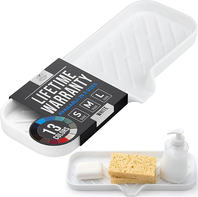 Zulay Kitchen Large Silicone Sponge Holder (12x4) – Flexible Sink Organizer Tray for Kitchen & Bathroom – Multipurpose Soap Dish for Sponges, Makeup, Trinkets & More (White)