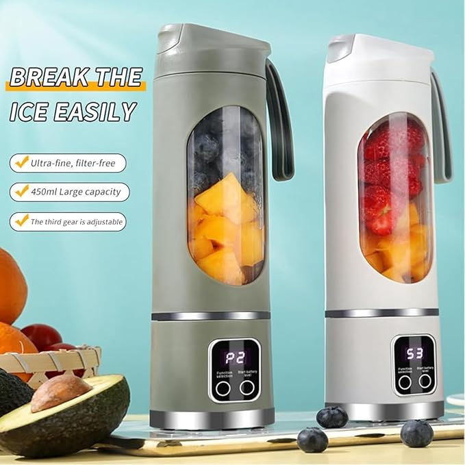 Digital Multimode Juicer Blender, 450ml Portable Blender Personal Electric-Smart LED Display Juicer,3 Speed12-Blade Fresh Juice Bottle, USB Rechargeable for Shakes and Smoothies,Fruit Juice (White)