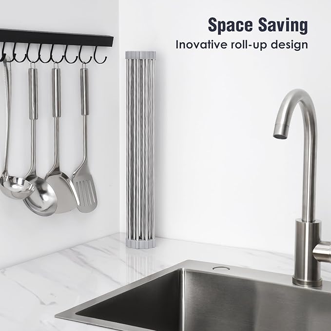Tomorotec 17.7" x 12.5" Roll Up Dish Drying Rack Over Sink Drying Rack Sink Cover Kitchen Sink Accessories Gadget Multipurpose Organizer Foldable Stainless Steel Drainer