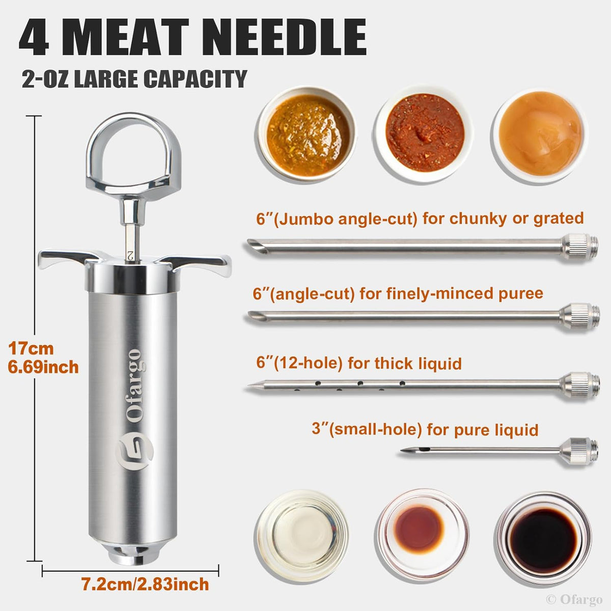 Ofargo Stainless Steel Meat Injector Syringe Kit with 4 Marinade Needles for BBQ Grill Smoker, Gifts for Men Dad Husband in Thanksgiving Christmas Day, 2-oz Large Capacity, Both Paper User Manual and E-Book Recipe