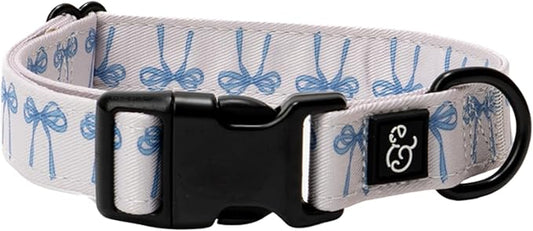 Lucy & Co. Dog Collar - Durable Lightweight Designer Collar for Pets - Adjustable Metal Safety Buckel - Small - White with Blue Bows