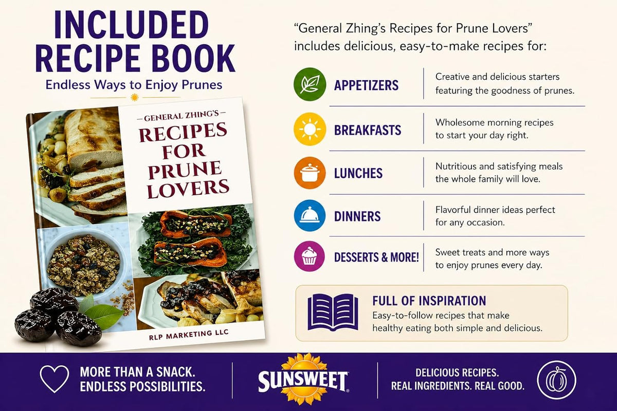 Sunsweet Prunes, Pitted Prunes Bundle, ONE 16 oz Canister of Dried Plums Plus "General Zhing's Recipes For Prune Lovers" - GREAT VALUE