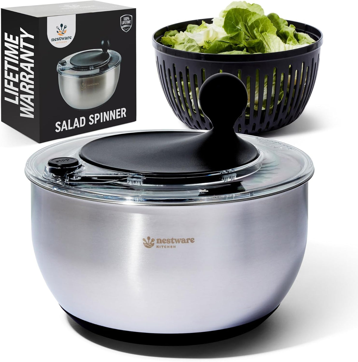 Nestware Kitchen Stainless Steel Salad Spinner, Lettuce, Vegetable & Fruit Dryer, 5L Capacity, Non-Slip Base (304 Stainless Steel - Black)