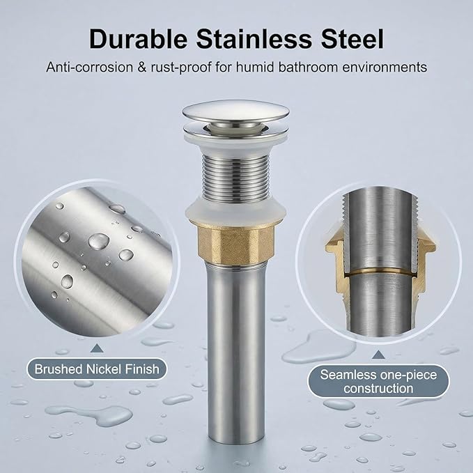 Bathroom Sink Drain, Drain Stopper Bathroom Sink Without Overflow, Assembly with Detachable Strainer Basket, Built in Anti Clogging Pop Up Drain Strainer, Stainless Steel Polishing 1Pcs