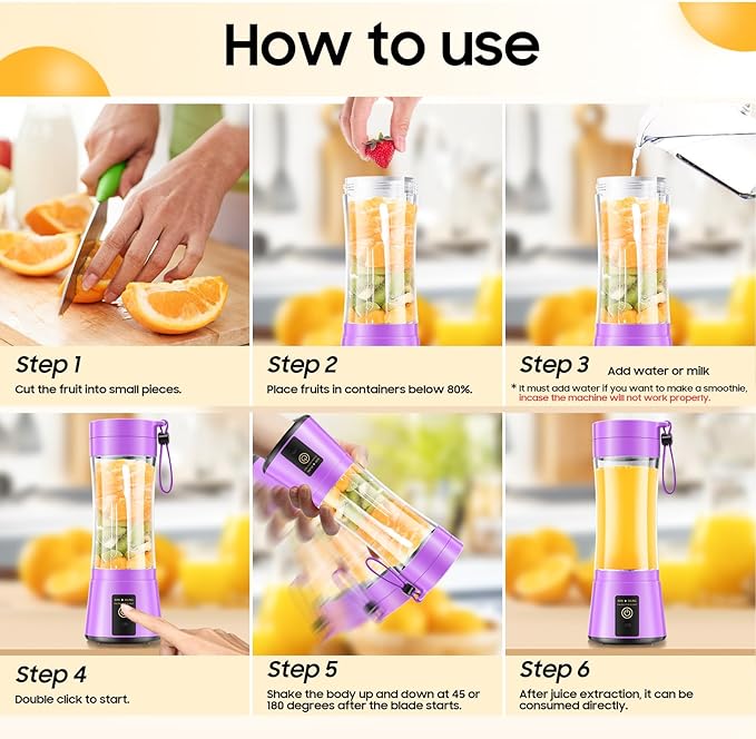Portable Blender for Smoothies and Shakes - Cordless Personal Blender with 380Ml BPA Free Travel Cup, 6 Stainless Steel Blades for Powerful Blending, Suit for Sports/Travel/Home