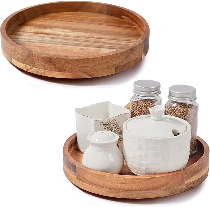 [ 2 Pack ] 9 Inch Acacia Wood Lazy Susan Organizer for Cabinet, Lazy Susan Turntable for Countertop Table Pantry, Kitchen Turntable Storege Container