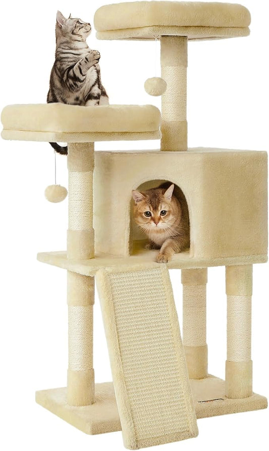 Feandrea Cat Tree, 45.3-Inch Cat Tower, Plush Condo with Scratching Post, Ramp, Perch, Spacious Cave, for Small Space, Beige UPCT141M01
