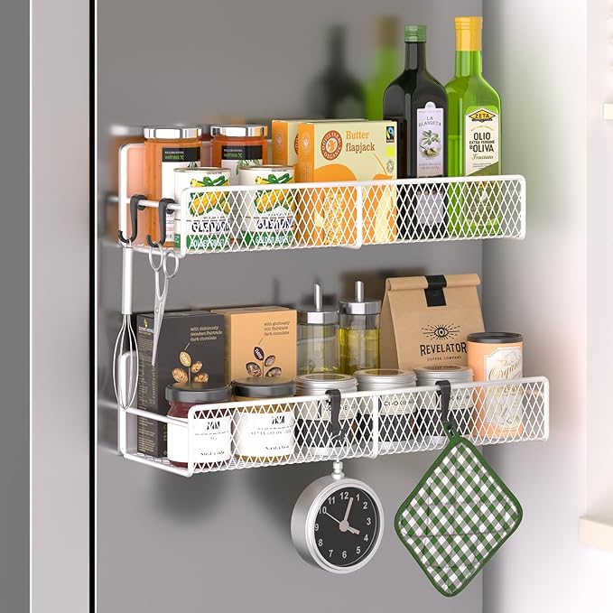 Magnetic Spice Rack for Refrigerator, 2 Pack Metal Magnetic Shelf White, Moveable Spice Organizer with Hooks, Super Magnetic Fridge Shelf for Kitchen Organization and Storage