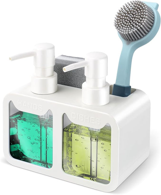 Kitchen Hand Soap and Dish Soap Dispenser Set, Dual Soap Dispenser with Sponge Caddy and Brush Holder 4-in-1 Organizer for Sink Countertop, Useful Kitchen Gadgets - White