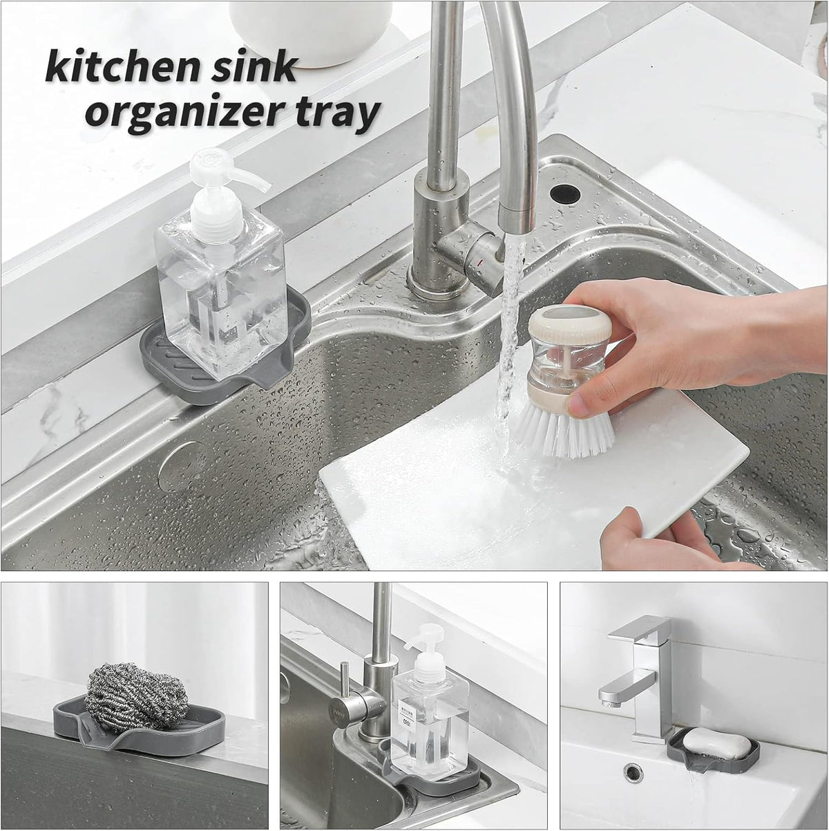 Silicone Bathroom Soap Dishes with Drain Spout-Bathroom and Kitchen Sink Organizer,Sponge Holder,Dish Soap Tray,Perfect for Dispenser,Scrubber,Bottle,Cup on Sink or Counter-Grey 4.9"×3.2"